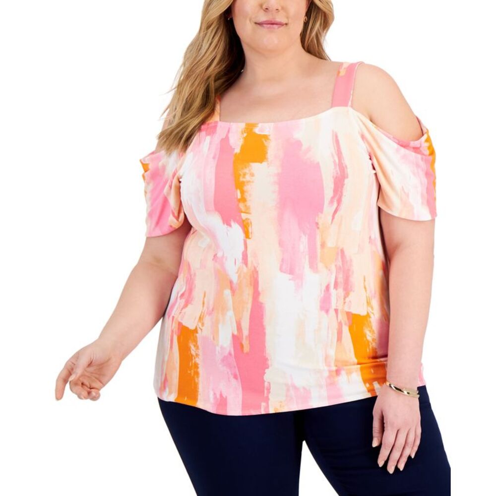 JM Collection Plus Size Printed Cold Shoulder Top